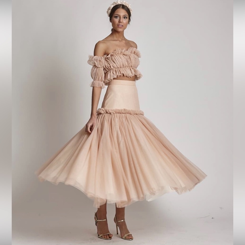 ZAITEGUI Runway Tulle Skirt Set Nude Off-Shoulder Couture Editorial 40/S